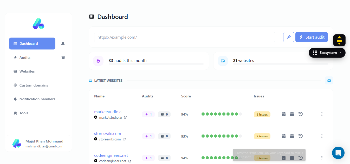 Screenshot of the app dashboard